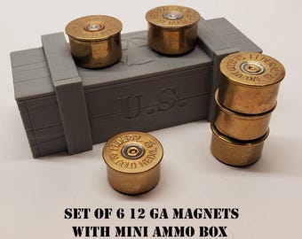 Imanes para cartuchos de escopeta calibre 12, regalo para amantes de las armas con caja de munición en miniatura