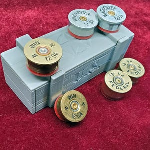 Six Fridge Magnets made with 12 Gauge Shotgun Brass with Miniature Ammo Box