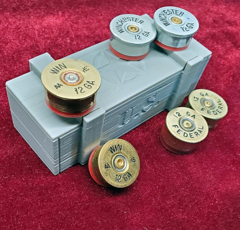 Six Fridge Magnets made with 12 Gauge Shotgun Brass with Miniature Ammo Box