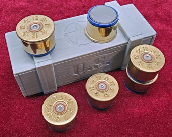 Set of Six 12 Gauge Star Shell Magnets, Mini Ammo Box Holder