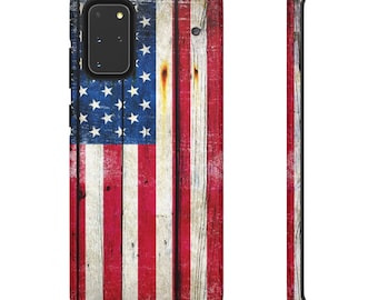 American Flag Themed Tough Phone Case for Samsung Galaxy - Distressed Vertical American Flag on Old Barn Wood Print