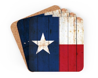 Texas Themed Barware and Drinkware - Texas Flag Corkwood Coasters - Set of 4