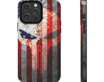 Though Phone Case for iPhone 14 Distressed American Flag & Cracked Skull - Patriotic Phone Case