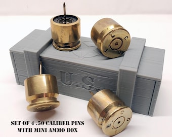 50 BMG Caliber Bullet Brass Casing Push Pins with Miniature Ammo Box