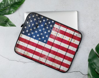 American Flag Themed - Distressed American Flag on Barn Wood Print Laptop Sleeve