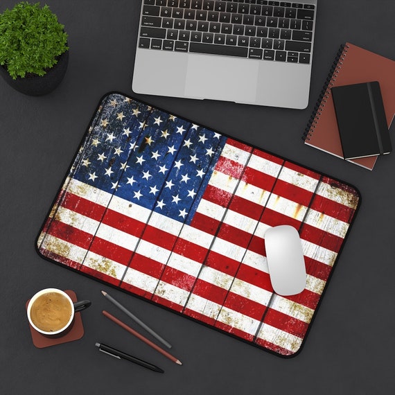 Distressed American Flag Barn Wood Print Neoprene Desk Mat, Patriotic Office Decor