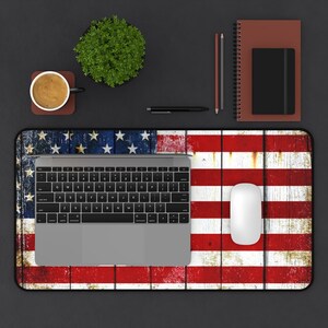 American Flag Desk Mat - Distressed American Flag on Old Barn Wood Print 12x22 with computer