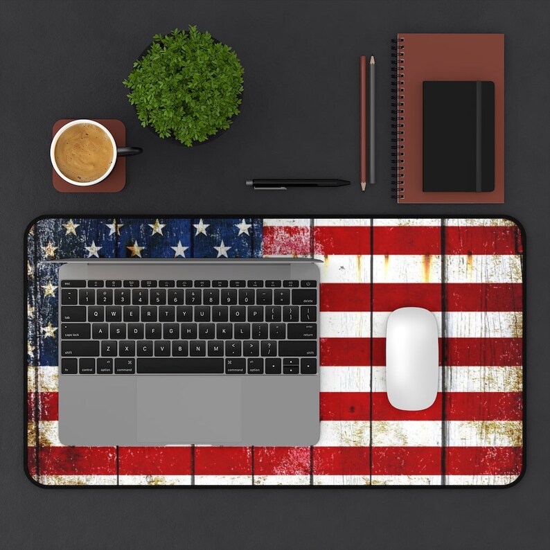 American Flag Desk Mat - Distressed American Flag on Old Barn Wood Print 12x22 with computer