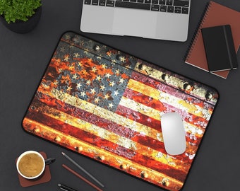 Patriotic Desk Mat, Distressed American Flag on Rusted Metal Print