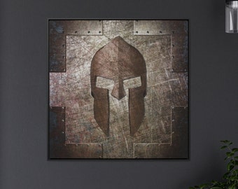 Molon Labe - Spartan Helmet on Distressed Metal Printed on Stretched Canvas in a Floating Frame