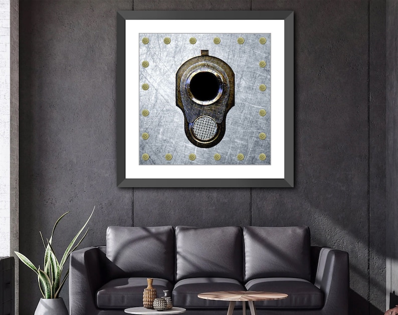 Gift for Gun Aficionados, M1911 Colt 45 on Distressed Metal Framed With 45ACP Case Heads Print on Archival Paper in a Black Color Wood Frame image 1