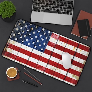 American Flag Desk Mat - Distressed American Flag on Old Barn Wood Print 12x22