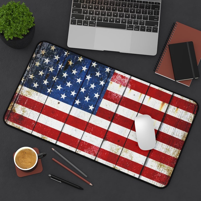 American Flag Desk Mat - Distressed American Flag on Old Barn Wood Print 12x22