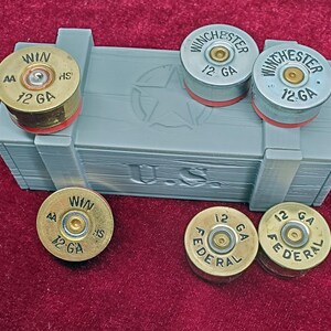 Six Fridge Magnets made with 12 Gauge Shotgun Brass with Miniature Ammo Box view 2