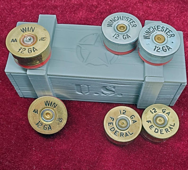 Six Fridge Magnets made with 12 Gauge Shotgun Brass with Miniature Ammo Box view 2
