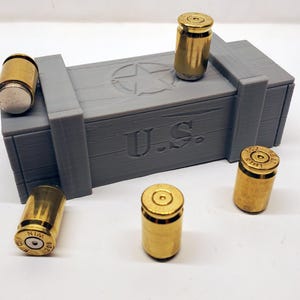 Set of 5 Bullet Brass Magnets Made with Recycled Casings of 308 Caliber and mini Ammo Box view 2