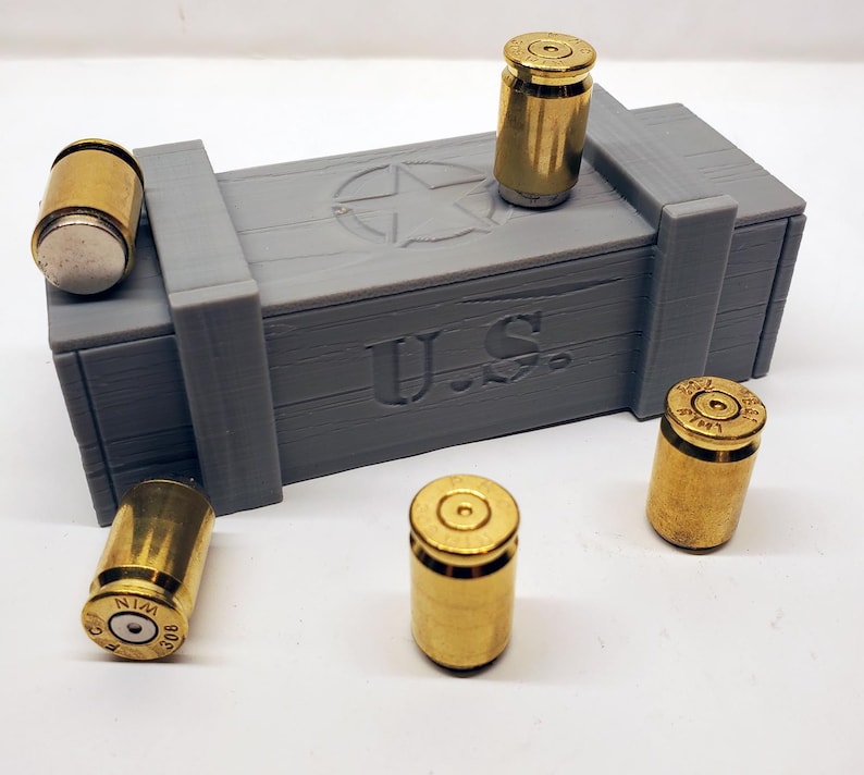 Set of 5 Bullet Brass Magnets Made with Recycled Casings of 308 Caliber and mini Ammo Box view 2
