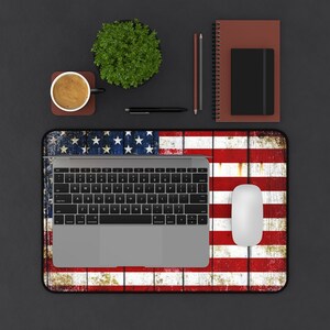 American Flag Desk Mat - Distressed American Flag on Old Barn Wood Print 12x18 with computer