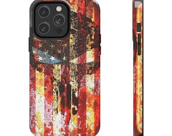 Though Phone Case for iPhone 14 Rusted American Flag & Cracked Skull