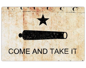 Come and Take It Fridge Magnet, Gonzales Battle Flag on Rusted Riveted Plate Print on 4x6 Magnet