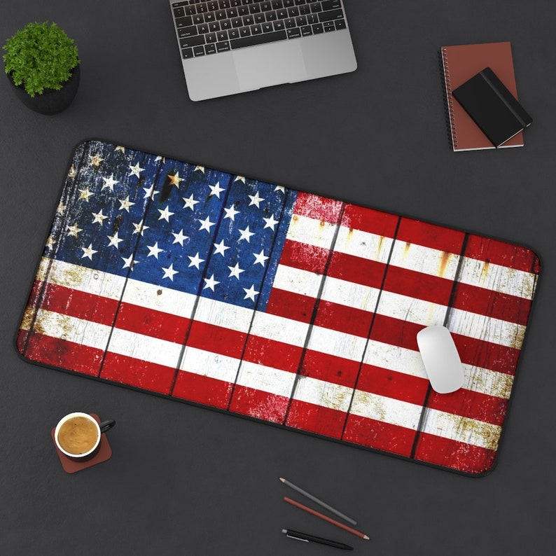American Flag Desk Mat - Distressed American Flag on Old Barn Wood Print 31x15.5