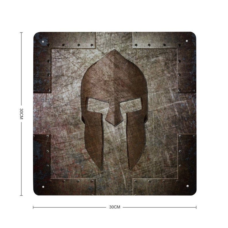 Molon Labe - Spartan Helmet on Distressed Riveted Metal Print on Metal with dimensions