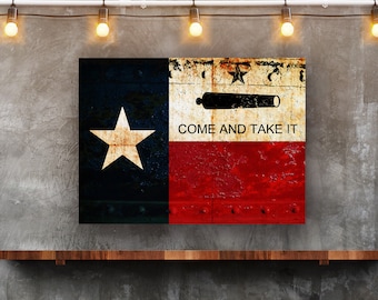 Come and Take it, Texas and Gonzales Flag Combo on Rusted Riveted Plate Printed on Rectangular Eco-Friendly Recycled Aluminum