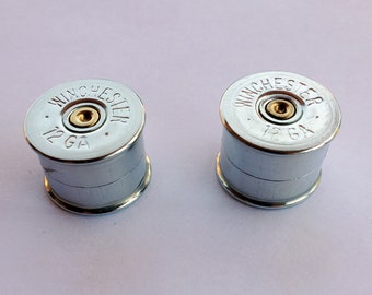 Two Solid Shaft Guitar Knobs Made of Recycled 12 Gauge Case Heads