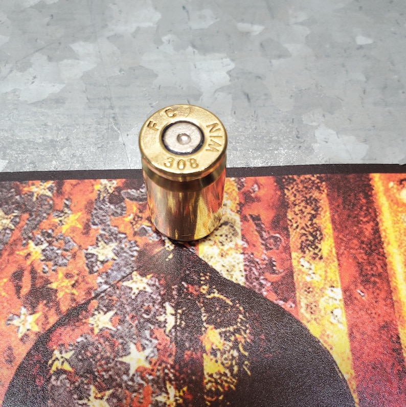 Bullet Brass Magnets Made with Recycled Casings of 308 Caliber holding card
