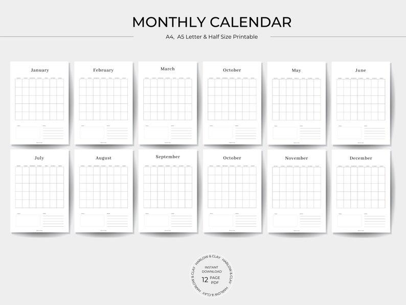 Monthly Calendar Printable Insert Instant Digital Download | Etsy