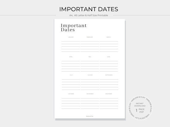 Important Dates Printable Insert Instant Digital Download | Etsy