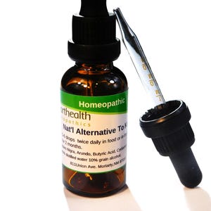 May include: A brown glass bottle with a dropper, labeled "Nat'l Alternative To K" and "Homeopathic". The label also includes the text "2 drops twice daily in food or in water for 2 months."