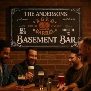 Custom Basement Bar Canvas Art, Personalized Bar Canvas Print, Rustic Home Bar Wall Decor, Vintage Basement Canvas Sign
