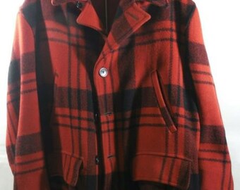 Mid Century Vintage Classic Red and Black Plaid Hunting Jacket with game pouch