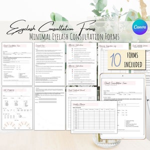 Pode incluir: Um conjunto de formulários mínimos de consulta de pestanas. Os formulários incluem consulta do cliente, consentimento e instruções de cuidados posteriores. A imagem mostra um tablet e formulários impressos.