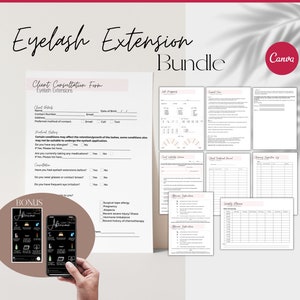 May include: A bundle of printable forms for eyelash extension businesses. Includes a client consultation form, lash mapping guide, consent form, aftercare instructions, and a weekly planner. The bundle also includes a bonus digital aftercare guide.