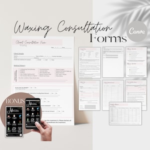 May include: A collection of printable waxing consultation forms, including a client consultation form, aftercare information, and a weekly planner. The forms are in a minimalist design with a soft pink accent color. A smartphone displays an "Aftercare" app.