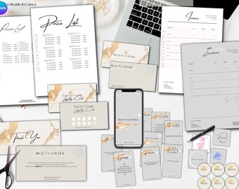 MIL ブランディングキットセット バンドルテンプレート、印刷可能、編集可能、デジタル、価格表、まつ毛、眉毛、ネイルビジネス、美容サロンソーシャル、ミニマル