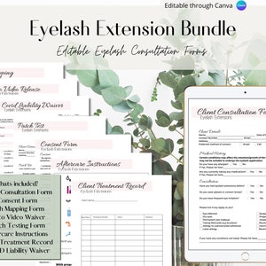 May include: A bundle of editable eyelash extension forms, including a client consultation form, consent form, and aftercare instructions. The forms are displayed on a tablet and printed sheets, with a soft pink and green color scheme.