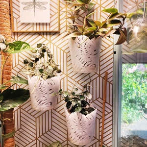 May include: Three hanging planters with white, leafy designs. The planters are filled with green plants and are hanging against a gold and white geometric wallpaper.