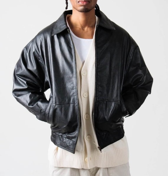 90s Oversized Men s Leather Bomber Jacket Handmade Black Leather