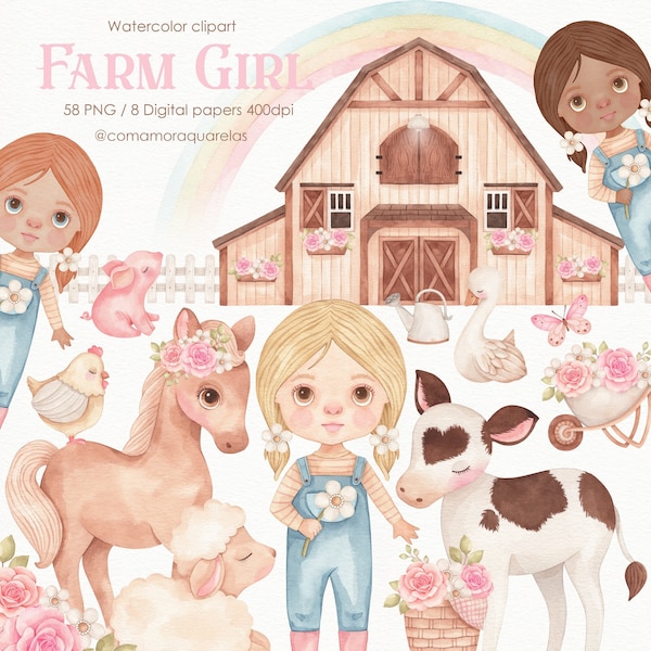 LITTLE FARM GIRL - Watercolor clipart, decor art, printable art, wallpaper, stickers, cakes, birthdays, baby parties, gifts, illustrations.