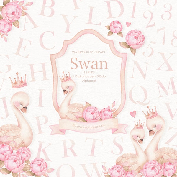 Swan - Clipart aquarelle, art déco, art imprimable, papier peint, autocollants, gâteaux, anniversaires, fêtes de bébé, cadeaux, illustrations, scrapbooking