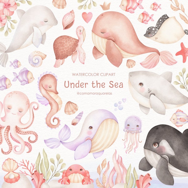 Under The Sea - Clipart aquarelle, art déco, art imprimable, papier peint, autocollants, gâteaux, anniversaires, fêtes de bébé, cadeaux, illustrations