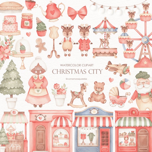 Weihnachtsstadt - Aquarell Clipart, Dekorkunst, druckbare Kunst, Tapeten, Aufkleber, Kuchen, Geburtstage, Babypartys, Geschenke, Illustrationen.