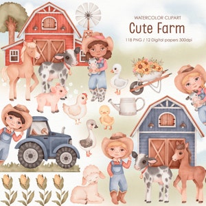 Cute Farm Watercolor clipart, decor art, printable art, wallpaper, stickers, cakes, birthdays, baby parties, gifts, illustrations, figure.