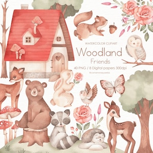 Woodland - Watercolor clipart, decor art, printable art, wallpaper, stickers, cakes, birthdays, baby parties, gifts, illustrations, scrap.