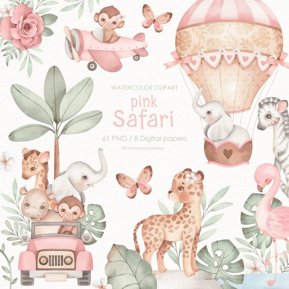 Pink Safari Watercolor Clipart Decor Art Printable Art Etsy