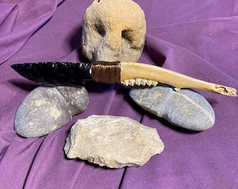 Handmade Obsidian Blade Knife – Deer Jaw Handle, Ceremonial Alter Knife
