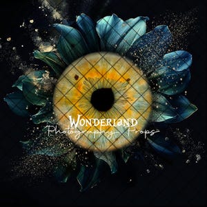 Puede incluir: Un ojo amarillo con un iris azul y una pupila negra rodeado de pétalos de flores azules y purpurina dorada. El texto "Wonderland Photography Props" está escrito en blanco sobre el ojo.